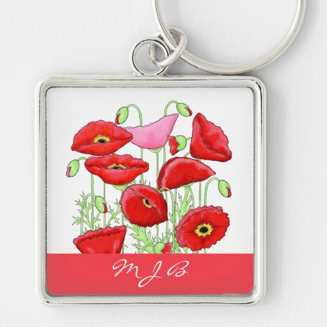 Red Pink Poppies Art Custom Monogram Personalized Keychain (Front)