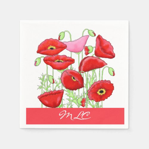 Red Pink Poppies Art Custom Monogram Personalized Paper Napkins