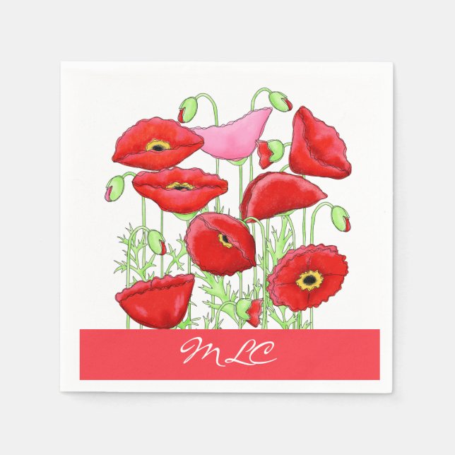 Red Pink Poppies Art Custom Monogram Personalized Paper Napkins (Front)