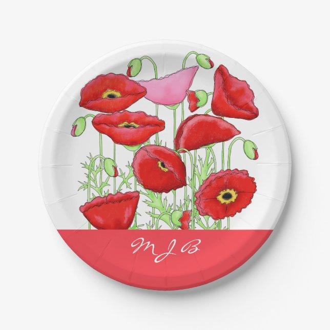 Red Pink Poppies Art Custom Monogram Personalized Paper Plates (Front)