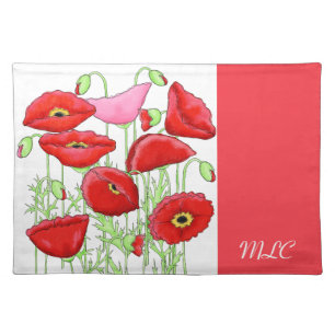 Red Pink Poppies Art Custom Monogram Personalized Placemat