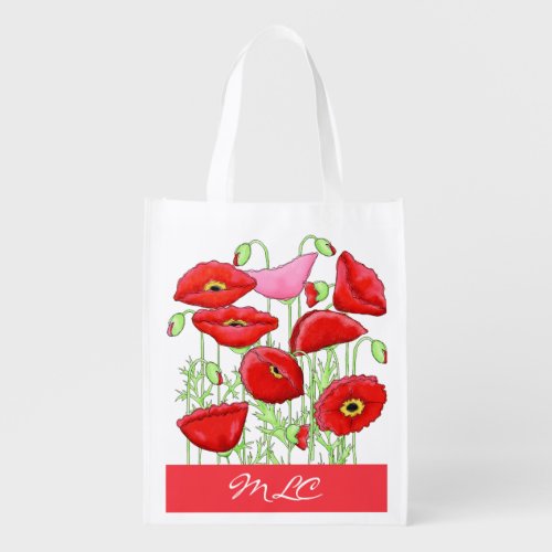 Red Pink Poppies Art Custom Monogram Personalized Reusable Grocery Bag