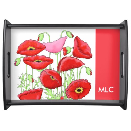 Red Pink Poppies Art Custom Monogram Personalized Serving Tray