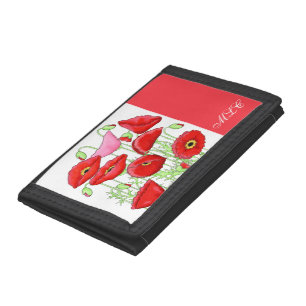 Red Pink Poppies Art Custom Monogram Personalized Trifold Wallet