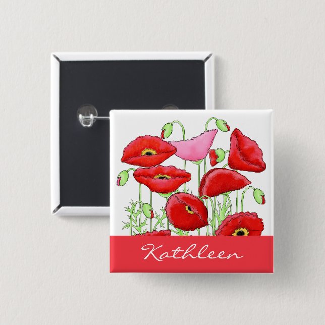 Red Pink Poppies Art Custom Name Badge Pinback Button (Front & Back)
