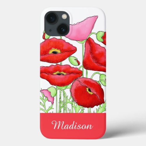 Red Pink Poppies Art Custom Name Personalized iPhone 13 Case