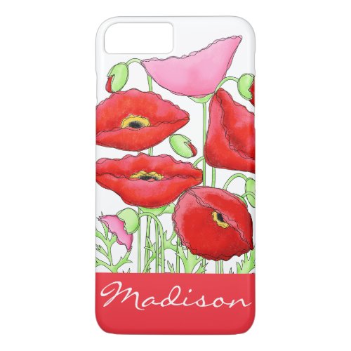 Red Pink Poppies Art Custom Name Personalized iPhone 8 Plus7 Plus Case