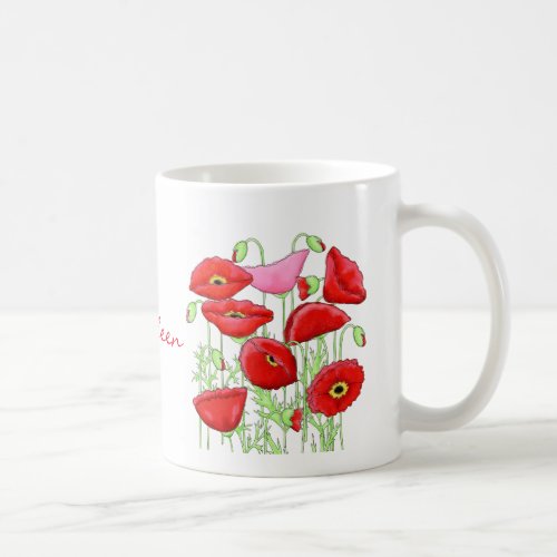 Red Pink Poppies Art Custom Name Personalized Coffee Mug