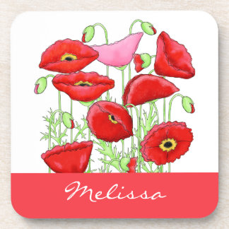 Red Pink Poppies Art Custom Name Personalized Drink Coaster