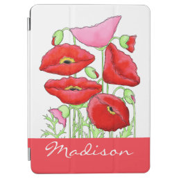 Red Pink Poppies Art Custom Name Personalized iPad Air Cover