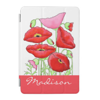 Red Pink Poppies Art Custom Name Personalized iPad Mini Cover