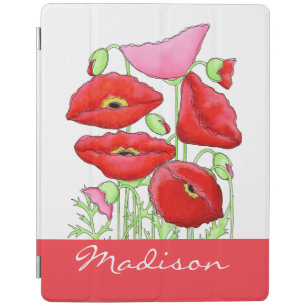 Red Pink Poppies Art Custom Name Personalized iPad Smart Cover