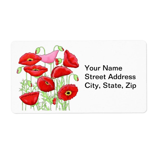 Red Pink Poppies Art Custom Name Personalized Label (Front)