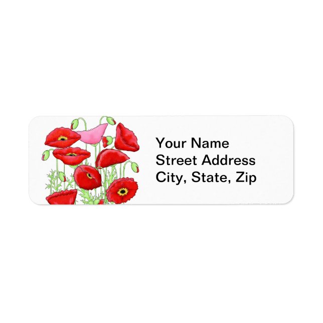 Red Pink Poppies Art Custom Name Personalized Label (Front)