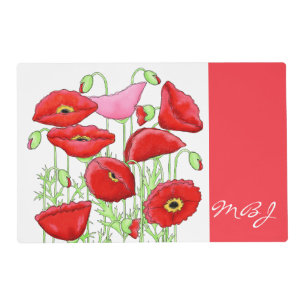 Red Pink Poppies Art Custom Name Personalized Placemat