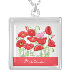 Red Pink Poppies Art Custom Name Personalized Silver Plated Necklace