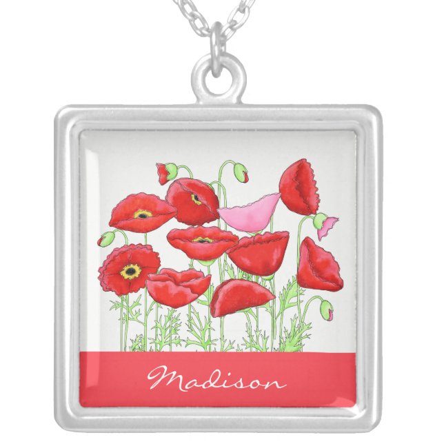 Red Pink Poppies Art Custom Name Personalized Silver Plated Necklace (Front)