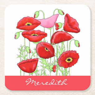 Red Pink Poppies Art Custom Name Personalized Square Paper Coaster