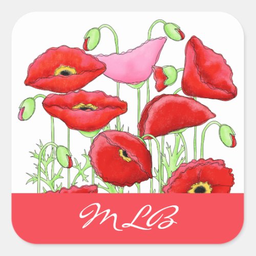 Red Pink Poppies Art Custom Name Personalized Square Sticker