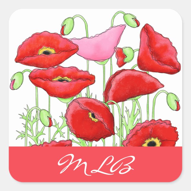 Red Pink Poppies Art Custom Name Personalized Square Sticker (Front)