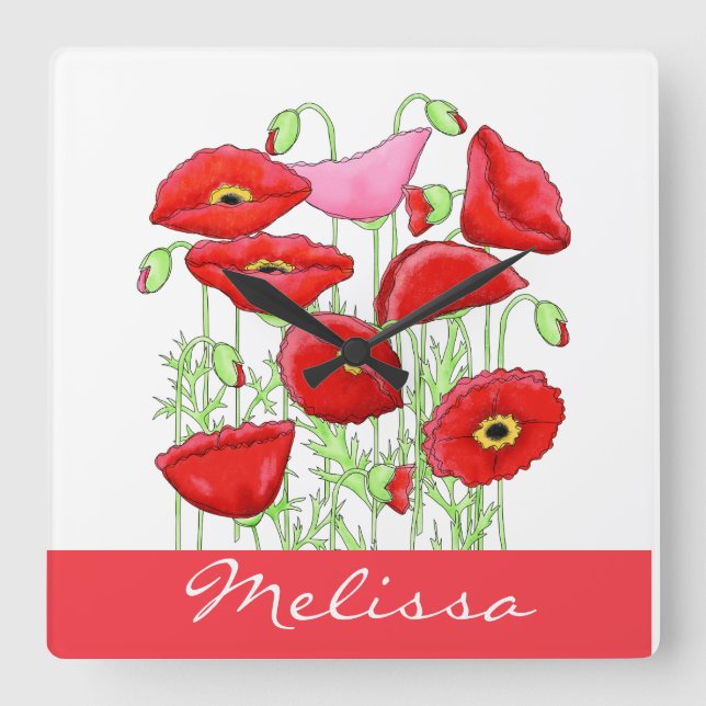 Red Pink Poppies Art Custom Name Personalized Square Wall Clock (Front)