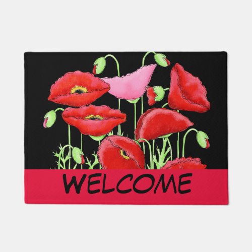 Red Pink Poppies Art Decorative Black Welcome Doormat