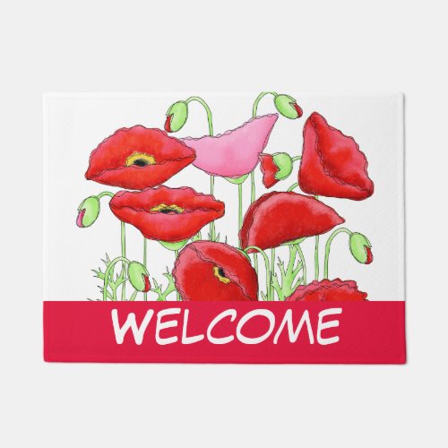 Red Pink Poppies Art Decorative White Welcome Doormat