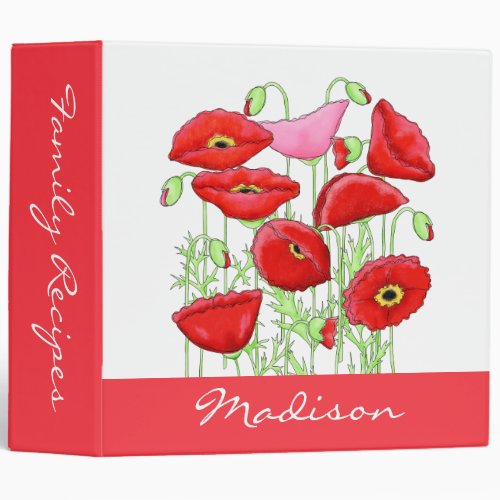 Red Pink Poppies Art Name Personalized Album 3 Ring Binder