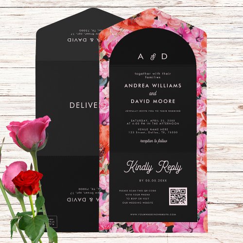 Red  Pink Poppy Floral Dark QR Code Fall Wedding All In One Invitation