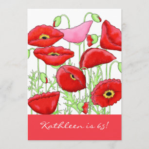 Red Pink Poppy Flowers 65th Birthday Party Invite