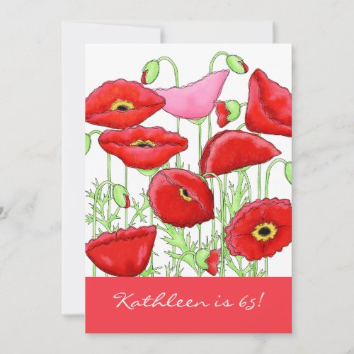 Red Pink Poppy Flowers 65th Birthday Party Invite