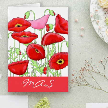 Red Pink Poppy Flowers Monogram Initials Notes
