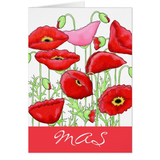 Red Pink Poppy Flowers Monogram Initials Notes (Front)
