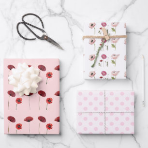 Red Pink Poppy Flowers & Pink Polka Dots Patterns Wrapping Paper Sheets