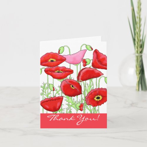 Red Pink Poppy Flowers Thank You Notes