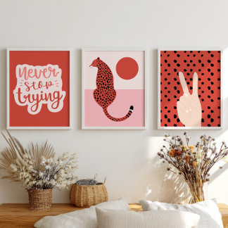 Red& Pink Preppy Art Eclectic Wall Art Set of 3 