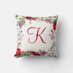 Red Pink Purple Green Flowers Floral Monogrammed Throw Pillow