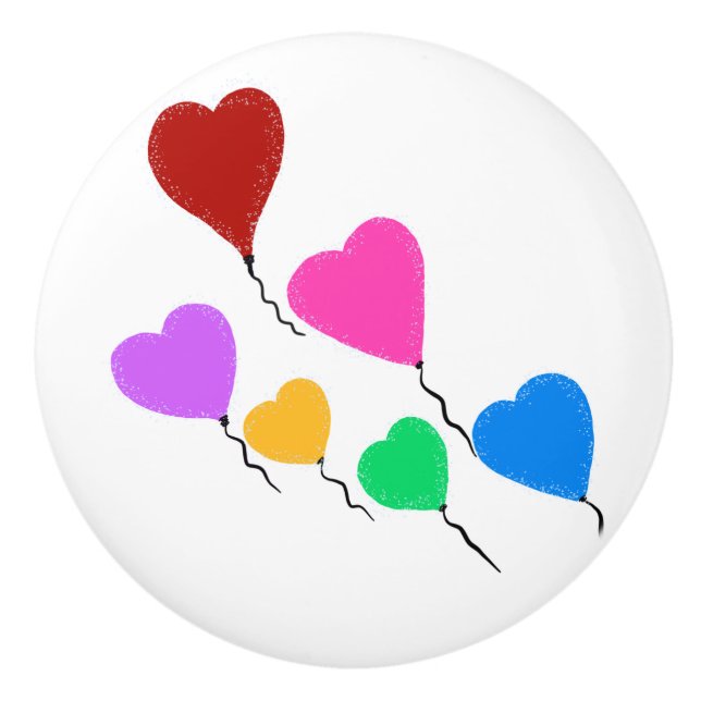 Red Pink Purple Green Heart Balloons Ceramic Knob (Front)