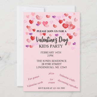 Red, Pink, Purple Hearts Valentine's Kids Party Invitation