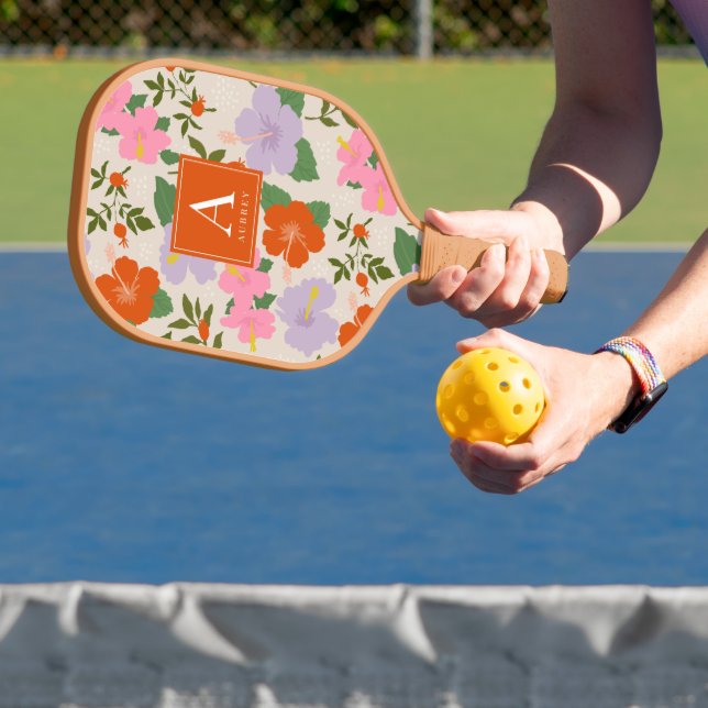 Red Pink Purple Hibiscus Tropical Floral Pattern Pickleball Paddle (Insitu)