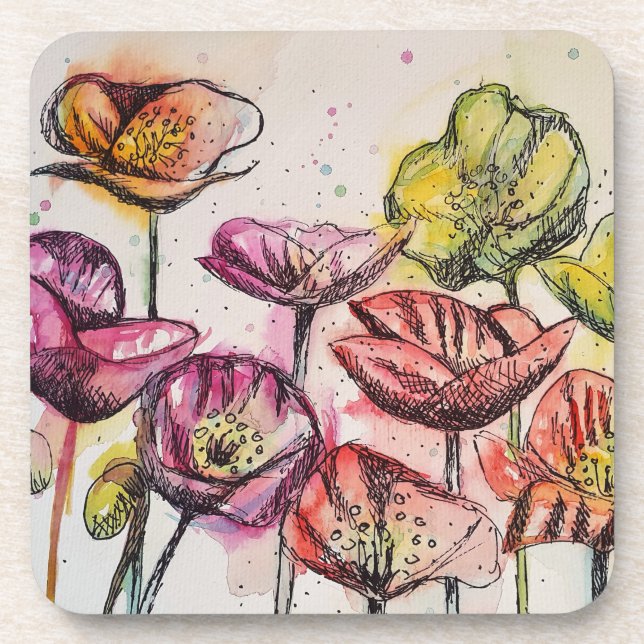 Red Pink Purple Poppy Flowers Poppies Floral Beverage Coaster (Front)