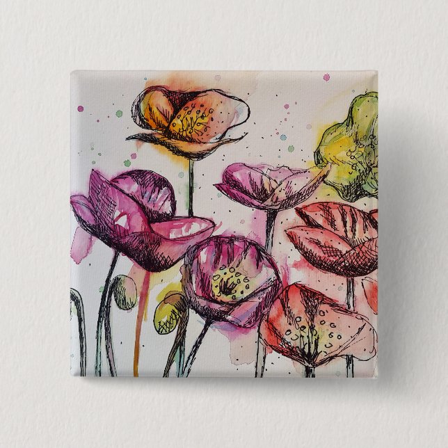 Red Pink Purple Poppy Flowers Poppies Floral Button (Front)