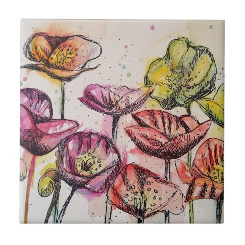 Red Pink Purple Poppy Flowers Poppies Floral Ceramic Tile