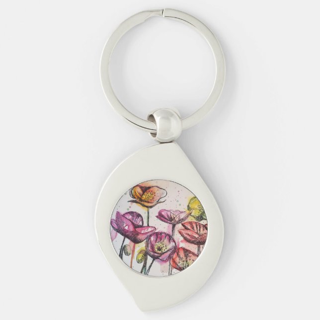 Red Pink Purple Poppy Flowers Poppies Floral Key Keychain (Front)