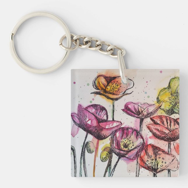 Red Pink Purple Poppy Flowers Poppies Floral Keychain (Front)