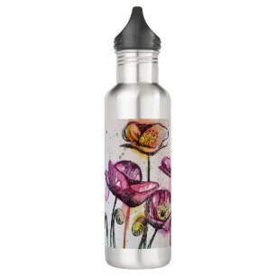 Red Pink Purple Poppy Flowers Poppies Floral Stainless Steel Water Bottle