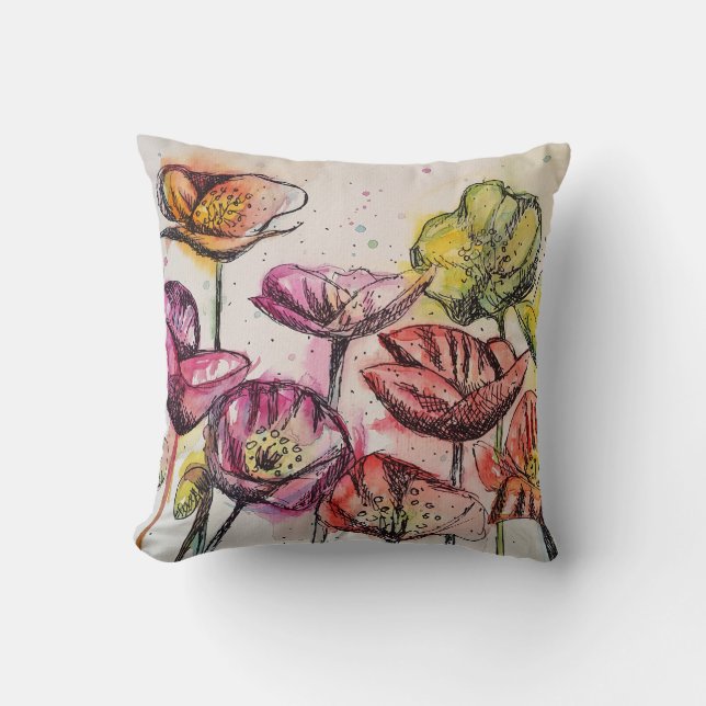 Red Pink Purple Poppy Flowers Poppies Floral Throw Pillow (Front)
