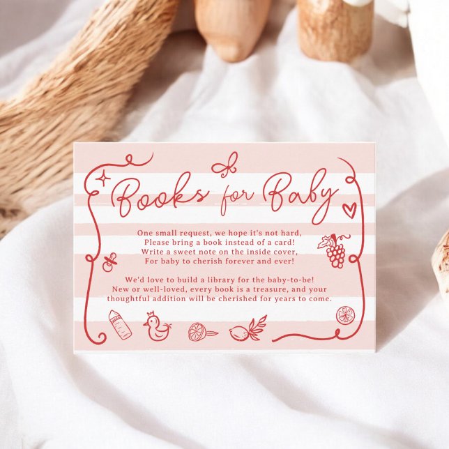Red Pink Retro Cute Illustrated Books Baby Shower Enclosure Card (Red Pink Retro Cute Illustrated Books Baby Shower Enclosure Card)