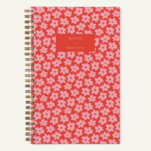Red Pink Retro Daisy Pattern Personalized Name Notebook