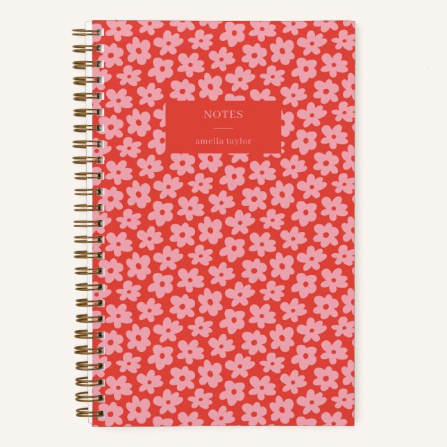 Red Pink Retro Daisy Pattern Personalized Name Notebook (Front)